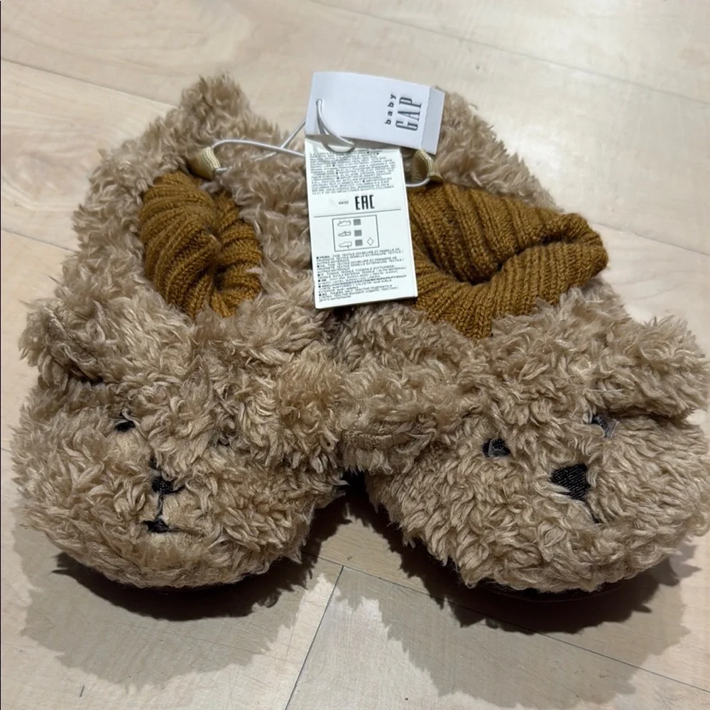 Gap Kids Brown Teddy Slippers with Mustard Cuff